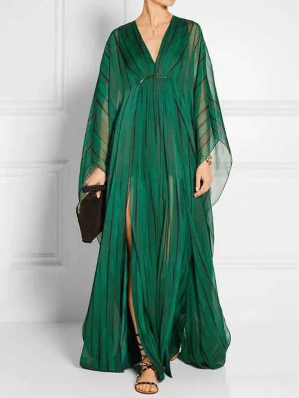 Long Sleeves Loose See-Through Split-Front Striped Deep V-Neck Maxi Dresses
