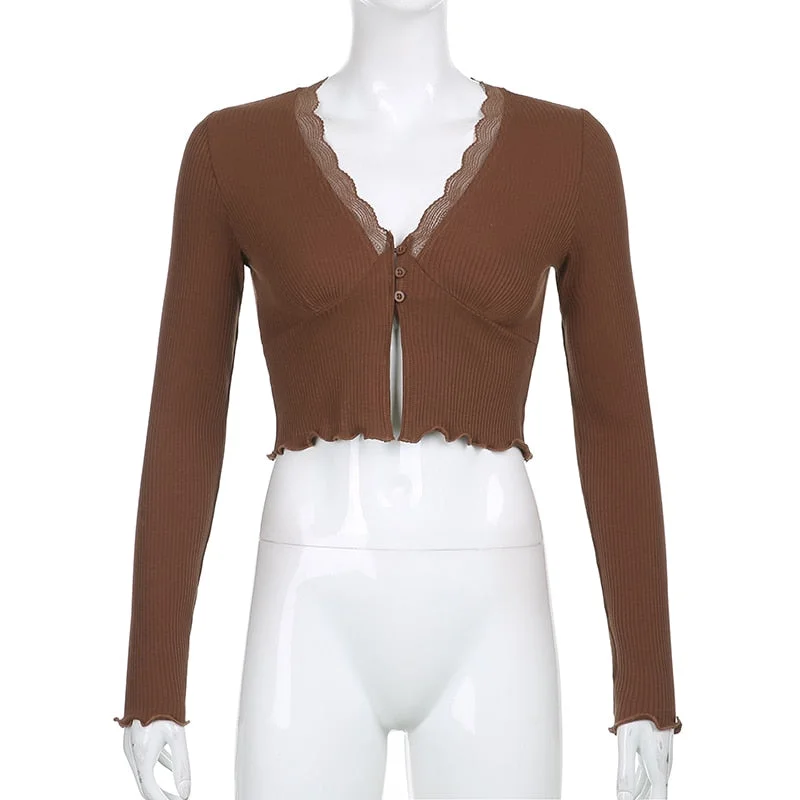 Y2K Zoom Lange Mouwen Bruin Short T-shirts Vintage Esthetiek Top accessory tee Zoete Diepe V-hals Lace Trim Crop knitting Tops