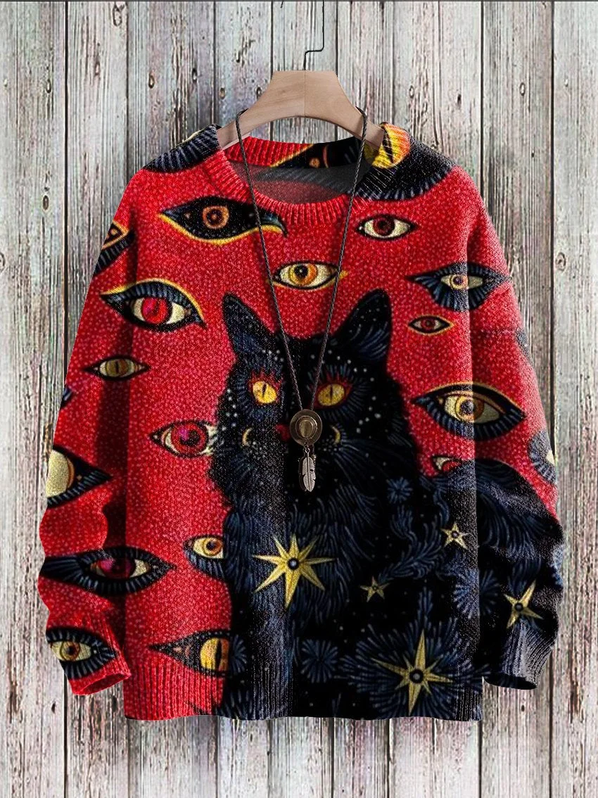 Retro Black Cat Eyes Art Print Casual Knit Pullover Sweater