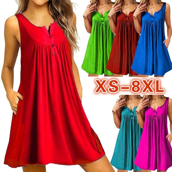 Womens Clothes Plus Size Fashion Summer Dresses Casual Tank Top Dress Loose V-neck Party Dresses Off Shoulder Pockets T-Shirt Sleeveless Dresses Ladies Fashion Cotton Solid Color Button Beach Dress XS-8XL - Life is Beautiful for You - SheChoic