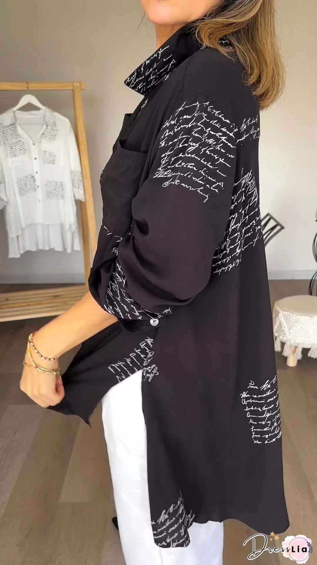 Text Letters Casual Lace Loose Long Sleeve Blouse
