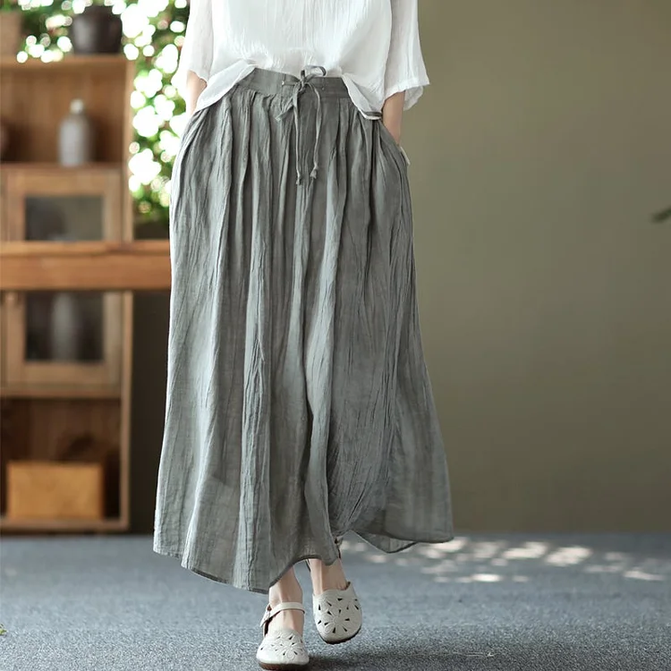 Retro Cotton Linen Lacing Waist A-Line Skirt