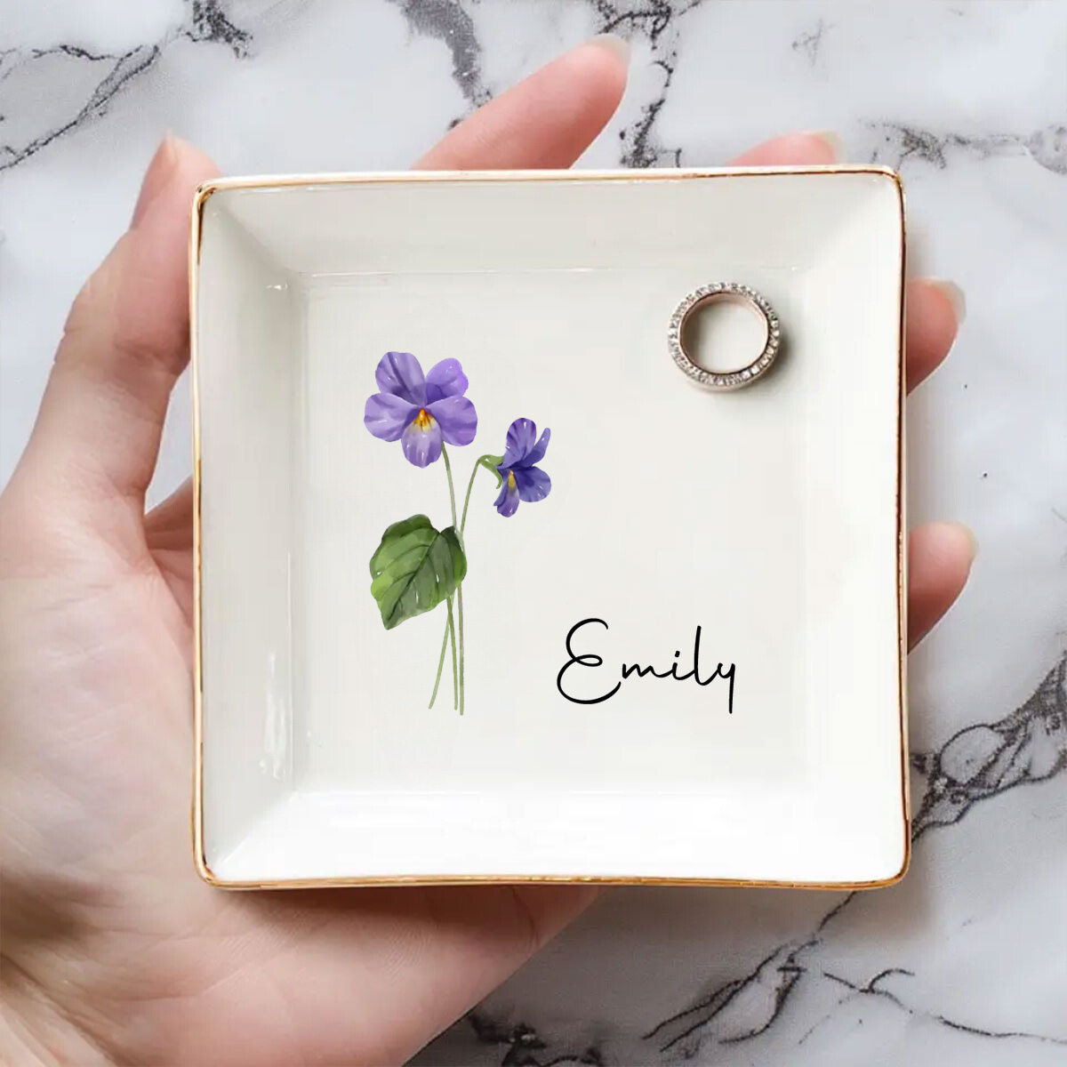 Personalized-birth-flower-trinket-dish-with-gold-edge-and-name