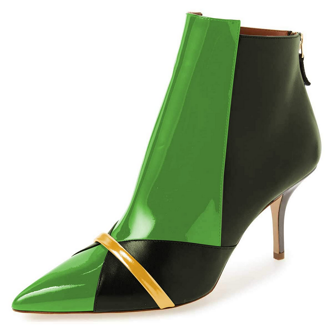 Green Black Color-block Leather Ankle Boots With Kitten Heels Nicepairs