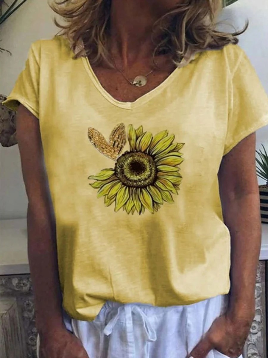 Daisy Printed Loose V-neck Short Sleeve T-shirt