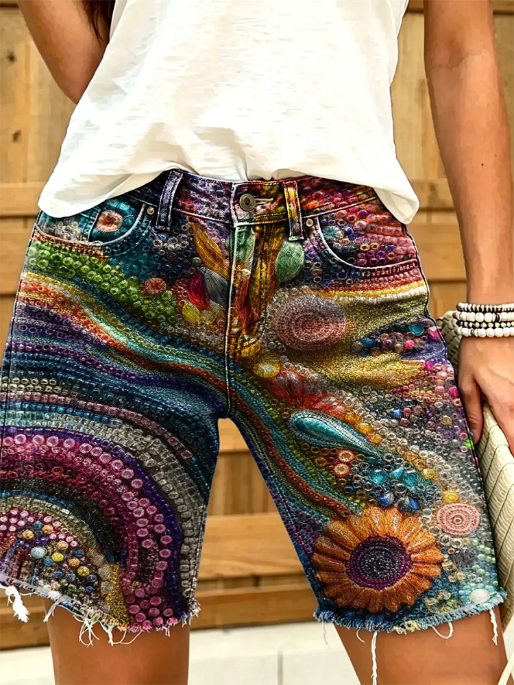 Women's Vintage Asymmetrical Floral Print Denim Shorts