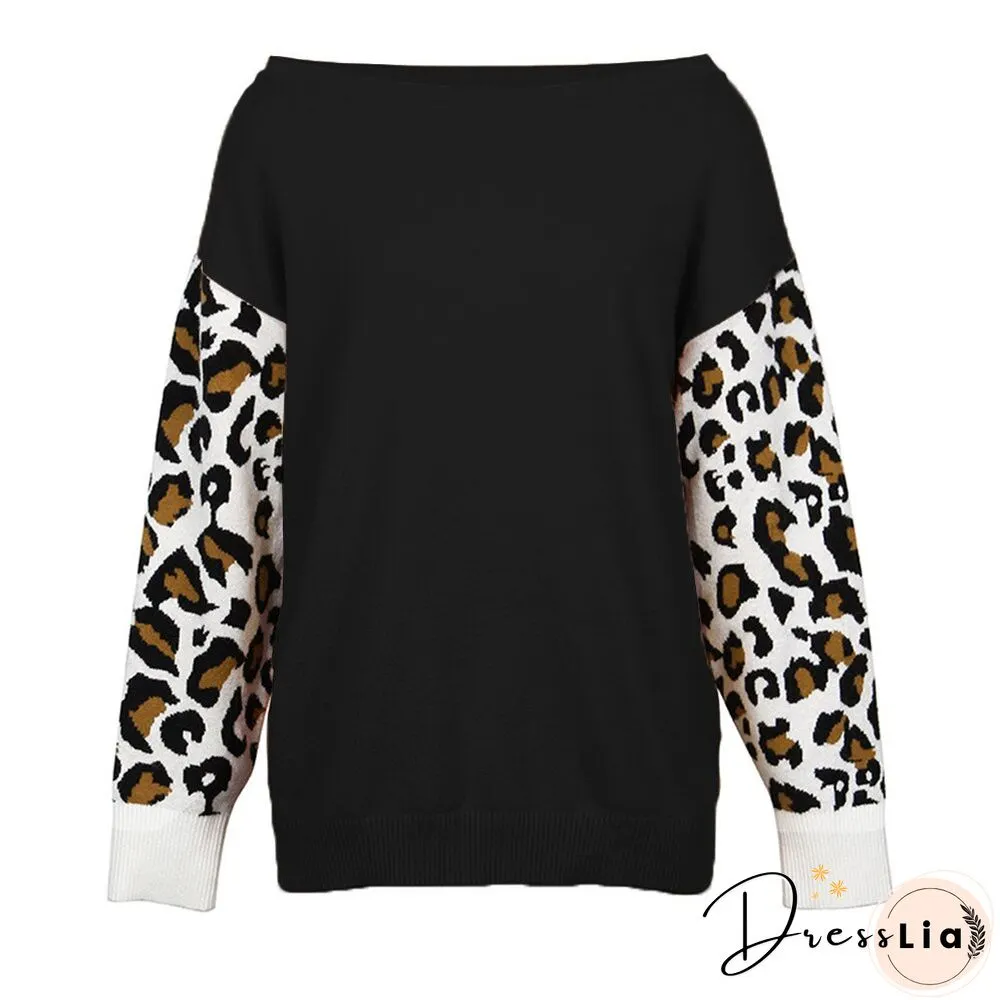 Sale Women Long Sleeve Leopard Printed Sweater Winter Female Casual Patchwork Knitted