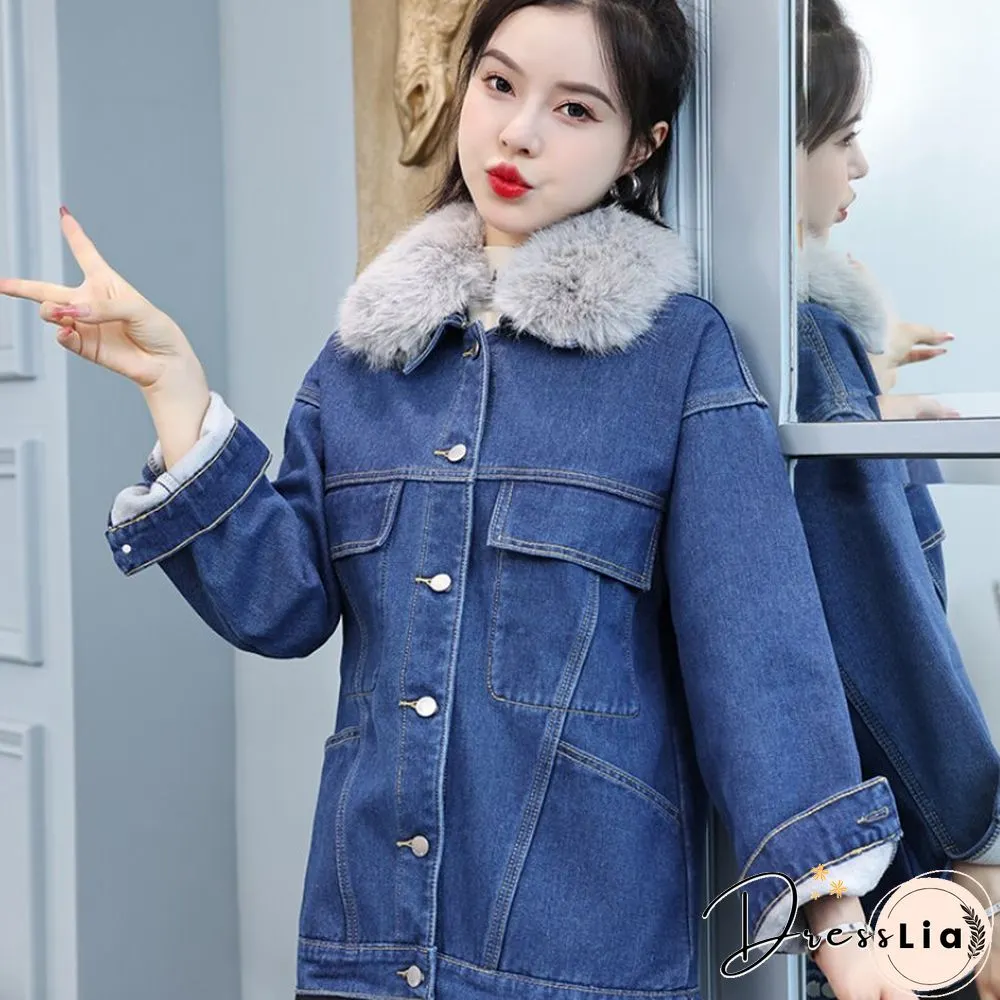 Heart Print Denim Jacket Women Winter Fashion Fur Collar Jeans Students Casual Thick