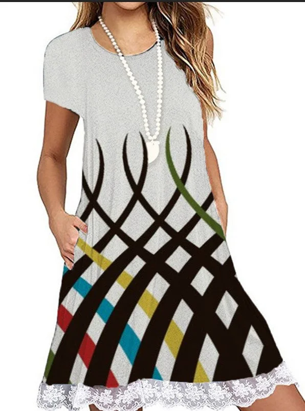 Lace Panel Round Neck Short Sleeve Print Dress