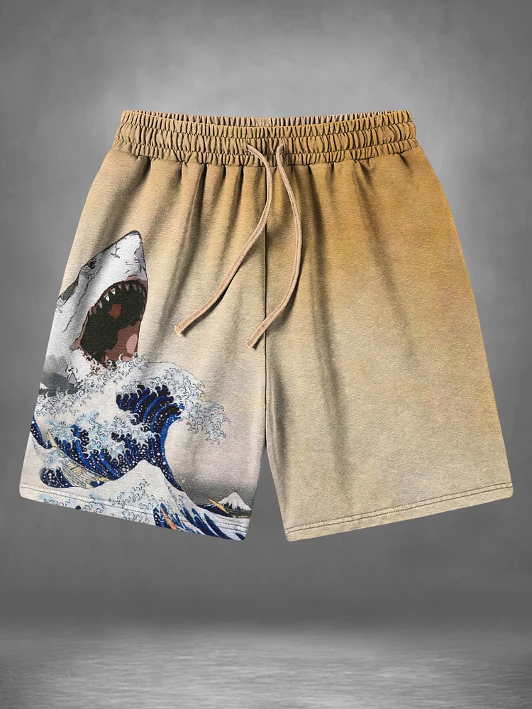 Men's Shark Ukiyoe Wave Japanese Art Print Casual Shorts