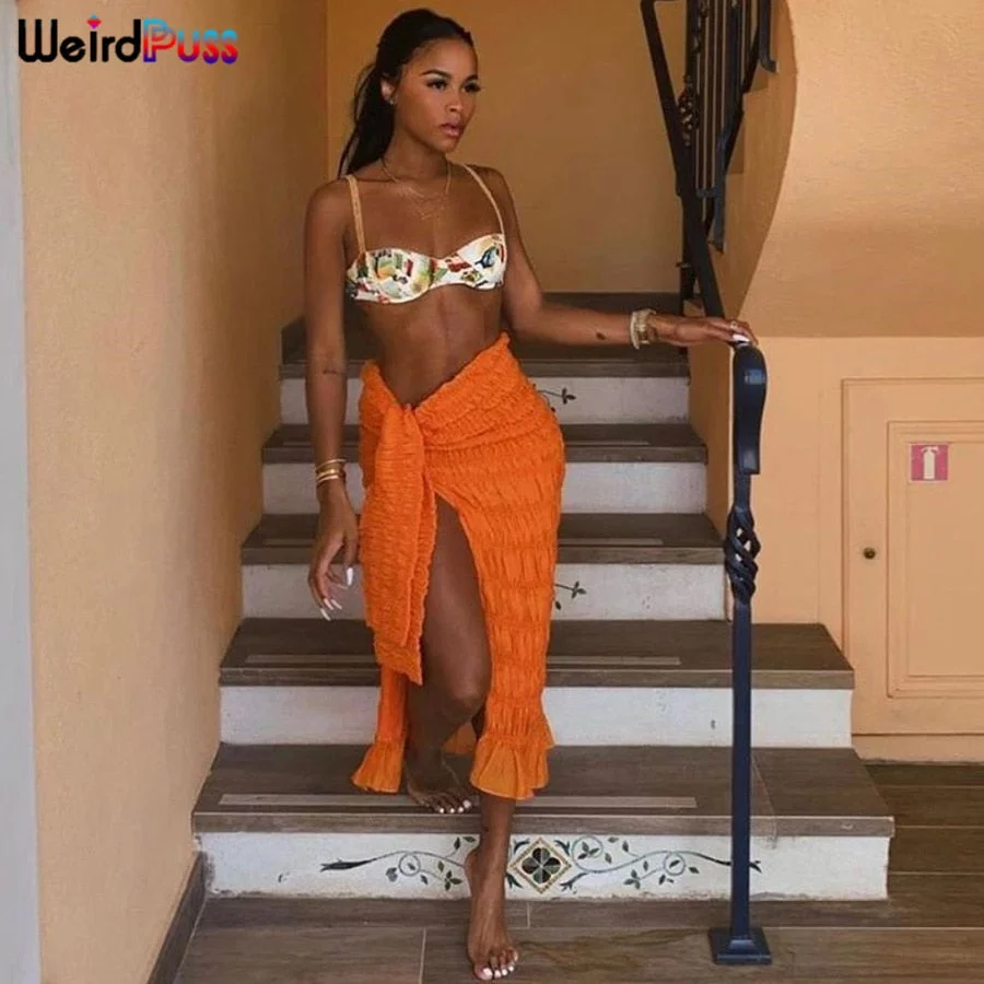 Weird Puss Pleated Bandage Mid Skirt Women Sexy Oversized Elastic Side Split Summer Party Vacation Clubwear Beach Style Outfits