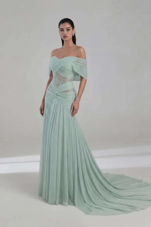 Lussooy Gorgeous Chiffon Off the Shoulder Beaded Sweetheart Pleated Long Prom Dress 