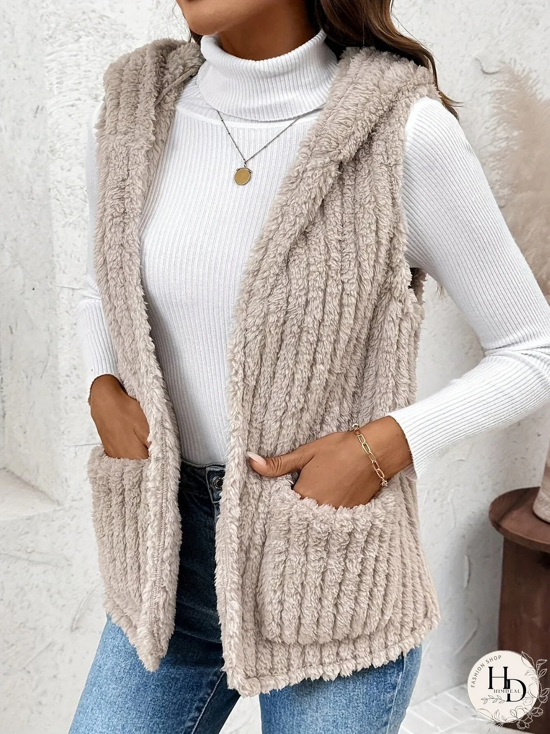 Fuzzy Hooded Vest with Pockets