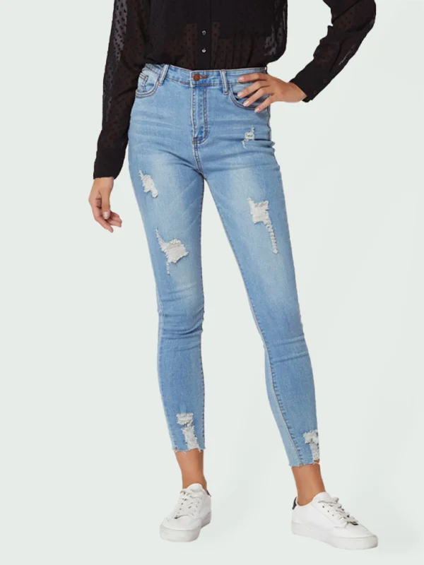 Women's Ripped Raw Hem Skinny Jeans Flusfy