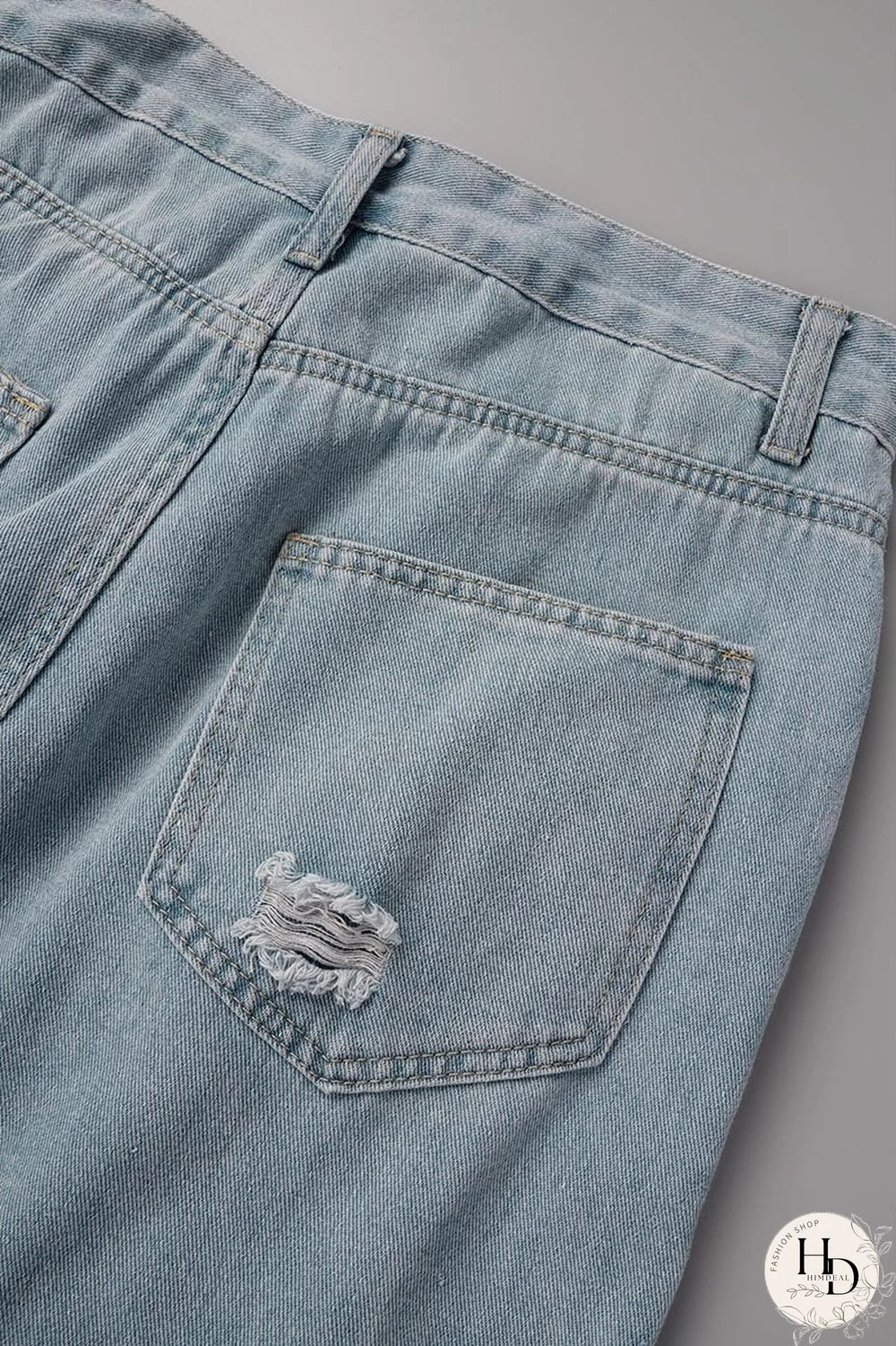 Sky Blue Street Solid Ripped Make Old Patchwork High Waist Denim Jeans