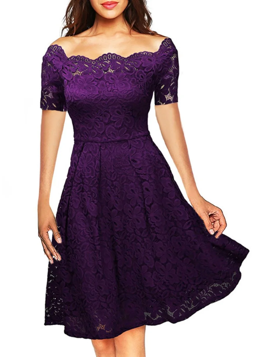 Women's Dress Off The Shoulder Lace Pitchwork Midi A-line Dress