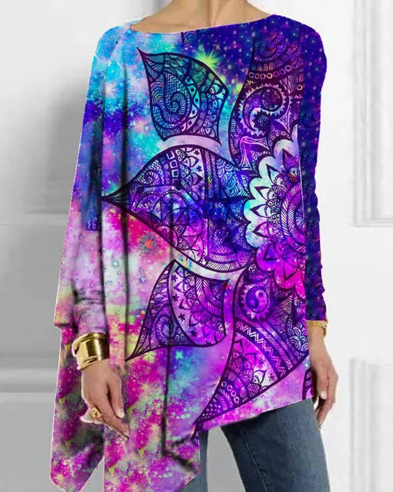 Women's tie-dye printed casual long-sleeved T-shirt-121402