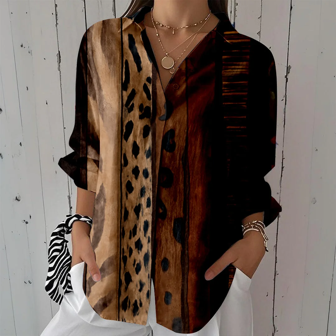 Style & Comfort for Mature Women Women Brown, Patchwork, Ladynora DZCL0039 3/4 Sleeve Shirt Collar Printed Button Tops