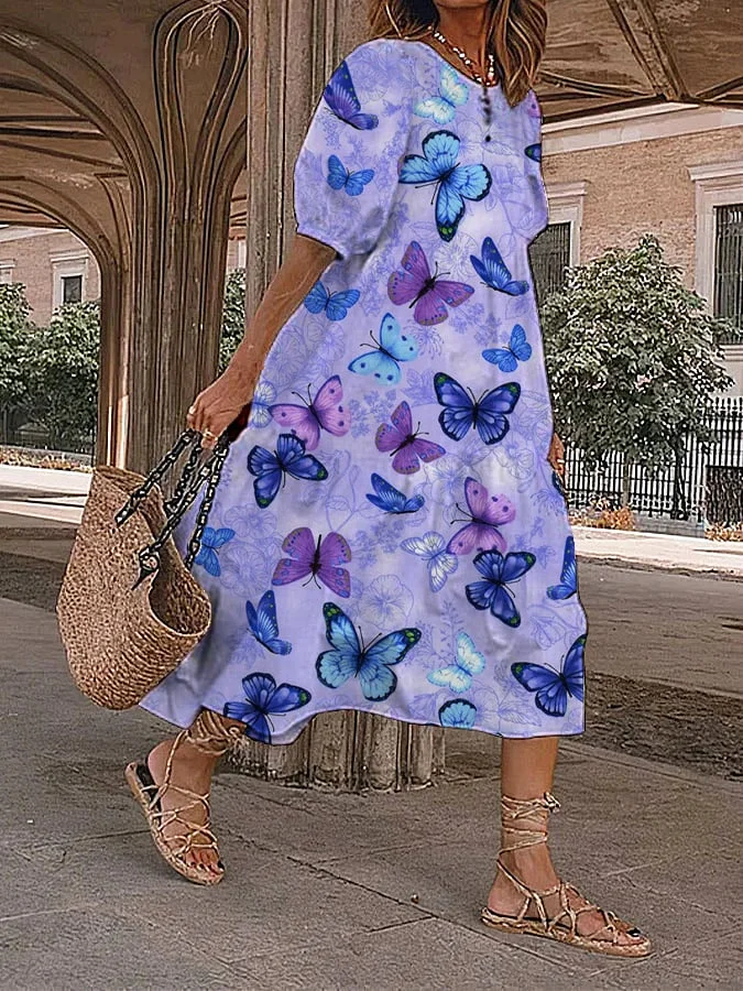 Women's Alzheimers Awareness Floral Butterfly Print Casual Dress