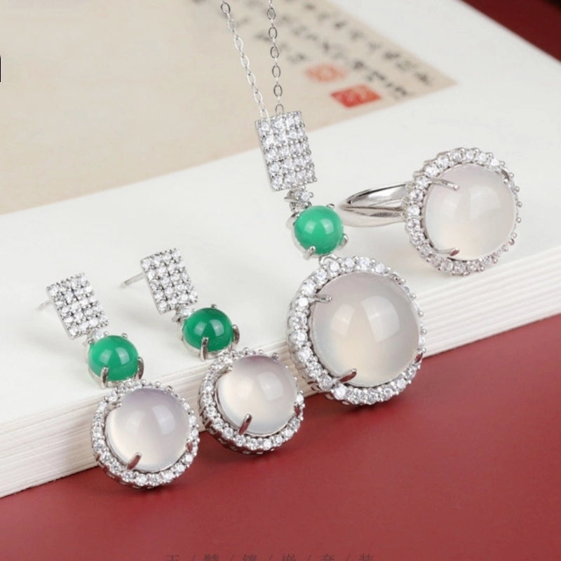 Temperament Fashion Natural Chalcedony Earring Ring Pendant Necklace Jewelry Set High Ice Complete Jade Three-piece Set