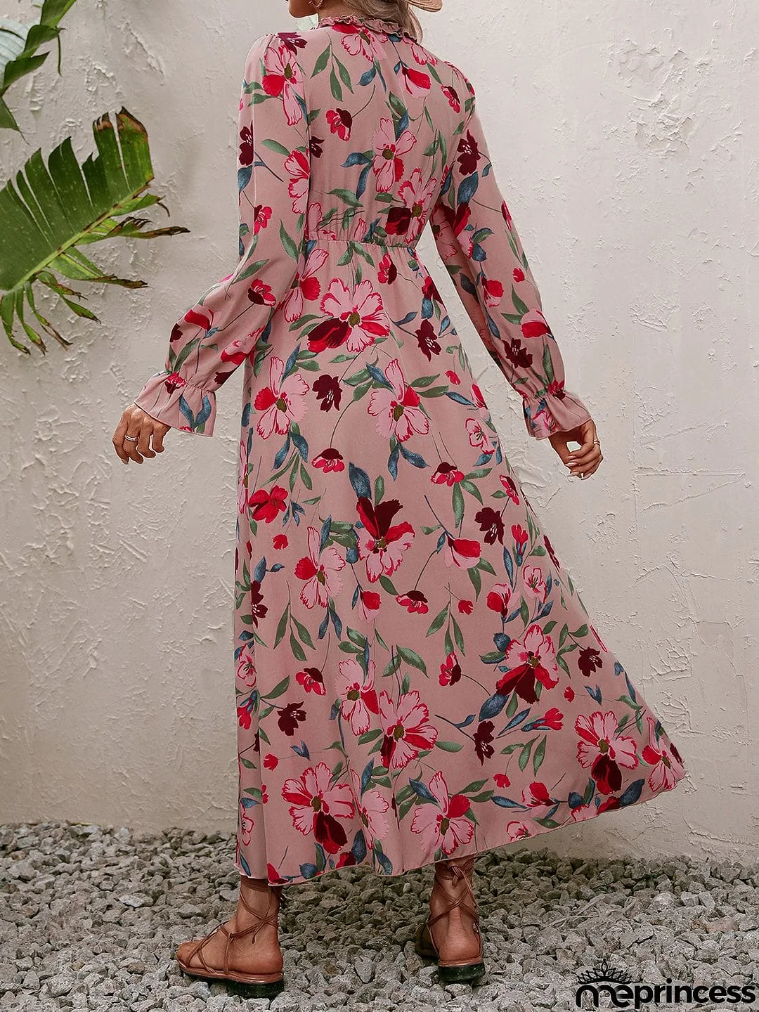 Floral Frill Trim V-Neck Maxi Dress