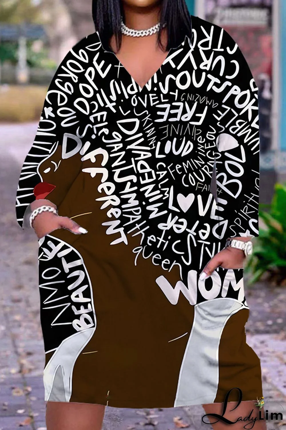 Black Yellow Fashion Casual Print Patchwork V Neck Long Sleeve Dresses