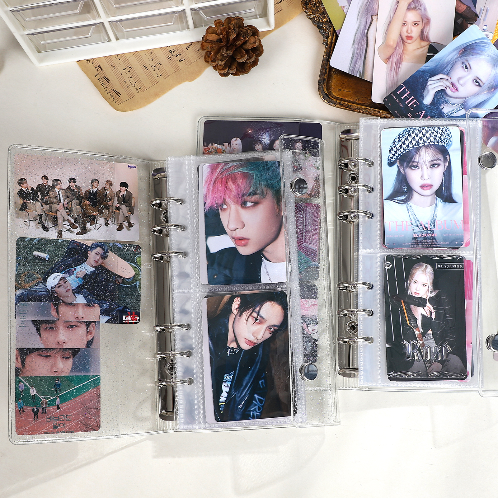 카드북 - A6 좁은 루즈리프 더블 버튼 투명 글리터