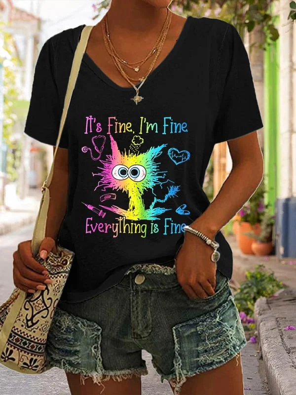 Women's It's Fine Everything Is Fine Colorful Cat Print Casual T-Shirt