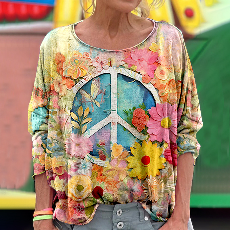 Comstylish Abstract Creative Hippie Vibe Peace And Love Hippie Floral Painting Art T-shirt