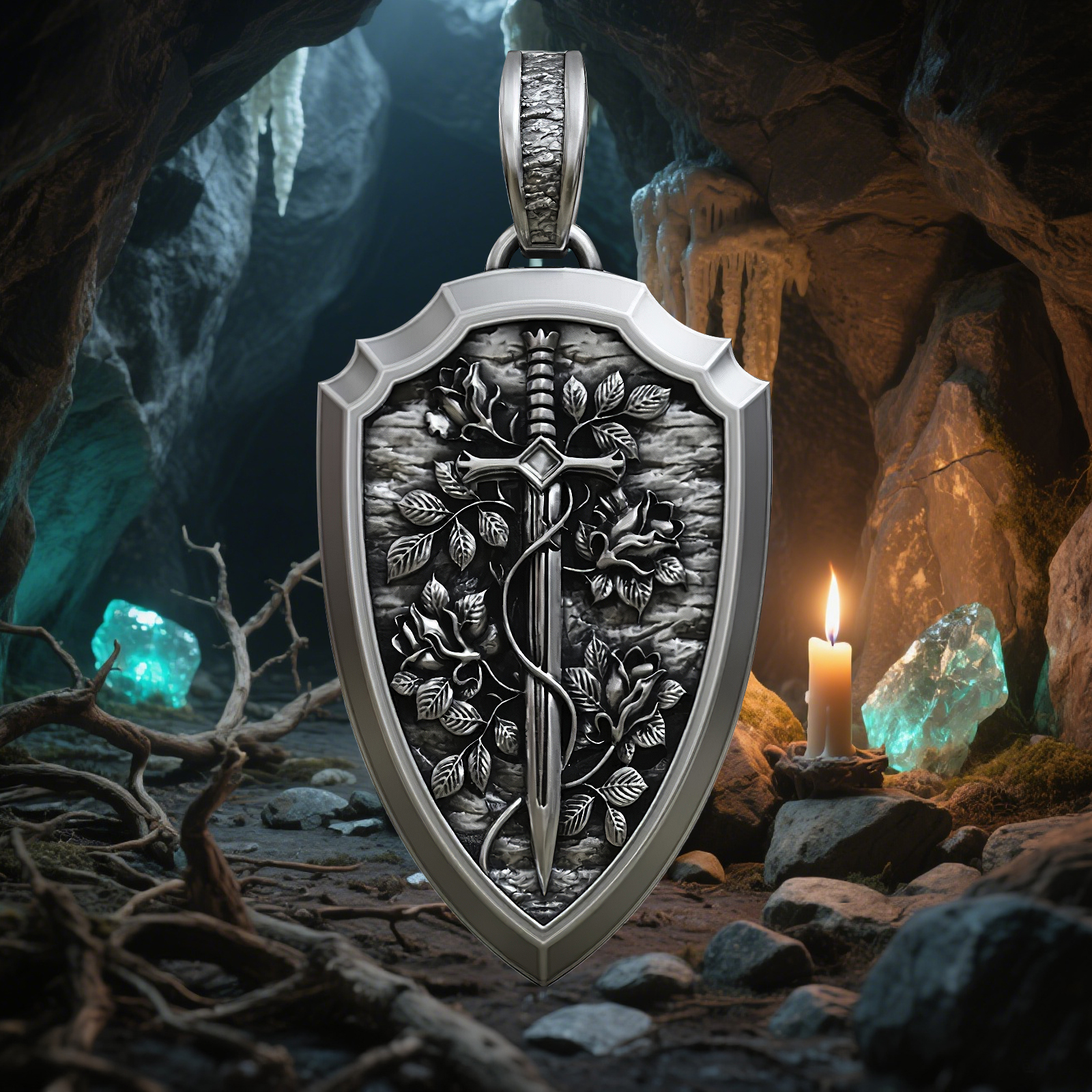 S925K Silver Necklace Sword and Shield Rose: Embedded Shield of Faith
