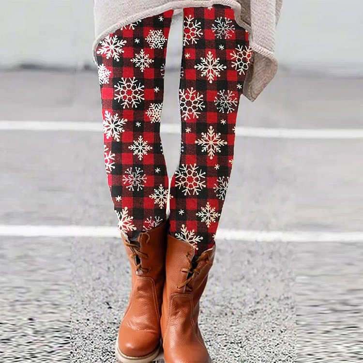 Christmas Style Plaid Snowflakes Pattern Women's Warm Cozy Knit Leggings