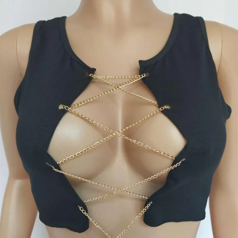 Red Black White Metal Chain Sleeveless Crop Top Sexy Clubwear Women Adjustable Lace Up Hollow Out Tank Tops Tees Camisole 1103-1