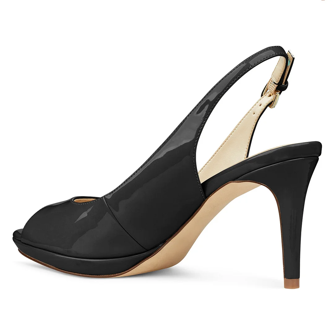 Patent Leather Platform Slingback Pumps with Stiletto Heel in Black