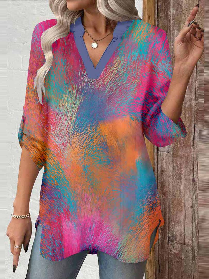 Women Pink,  Tie-dyed DZGA0044 3/4 Sleeve V-neck Printed Graphic Button Tops