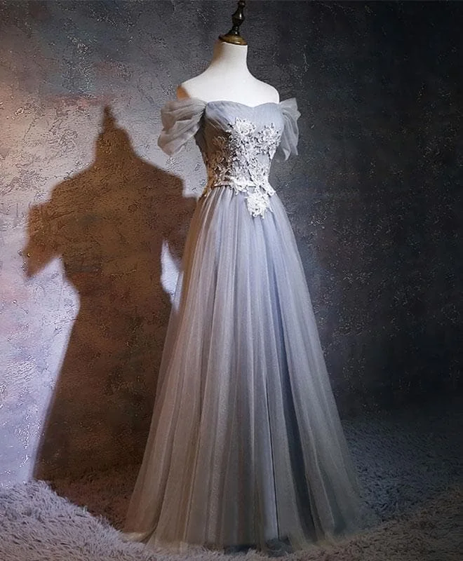 Gray A-Line Tulle Lace Applique Long Prom Dress, Gray Bridesmaid Dress