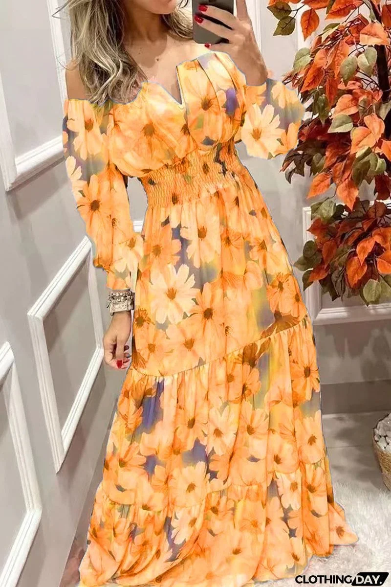 Floral Off Shoulder V Neck Maxi Dress