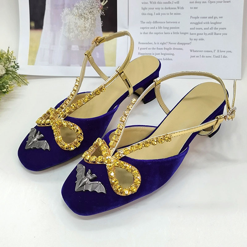Velvet Rhinestone Sandals Woman Round Toe Diamond Bowtie Ankle Strap High Heels Lady Party Shoes