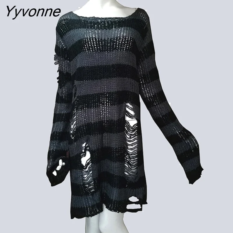 Yyvonne Size Punk Gothic Long Unisex Sweater Dress Cool Hollow Out Hole Broken Jumper Loose Rock Thin Sweter 2023 Women Man Striped 305-0
