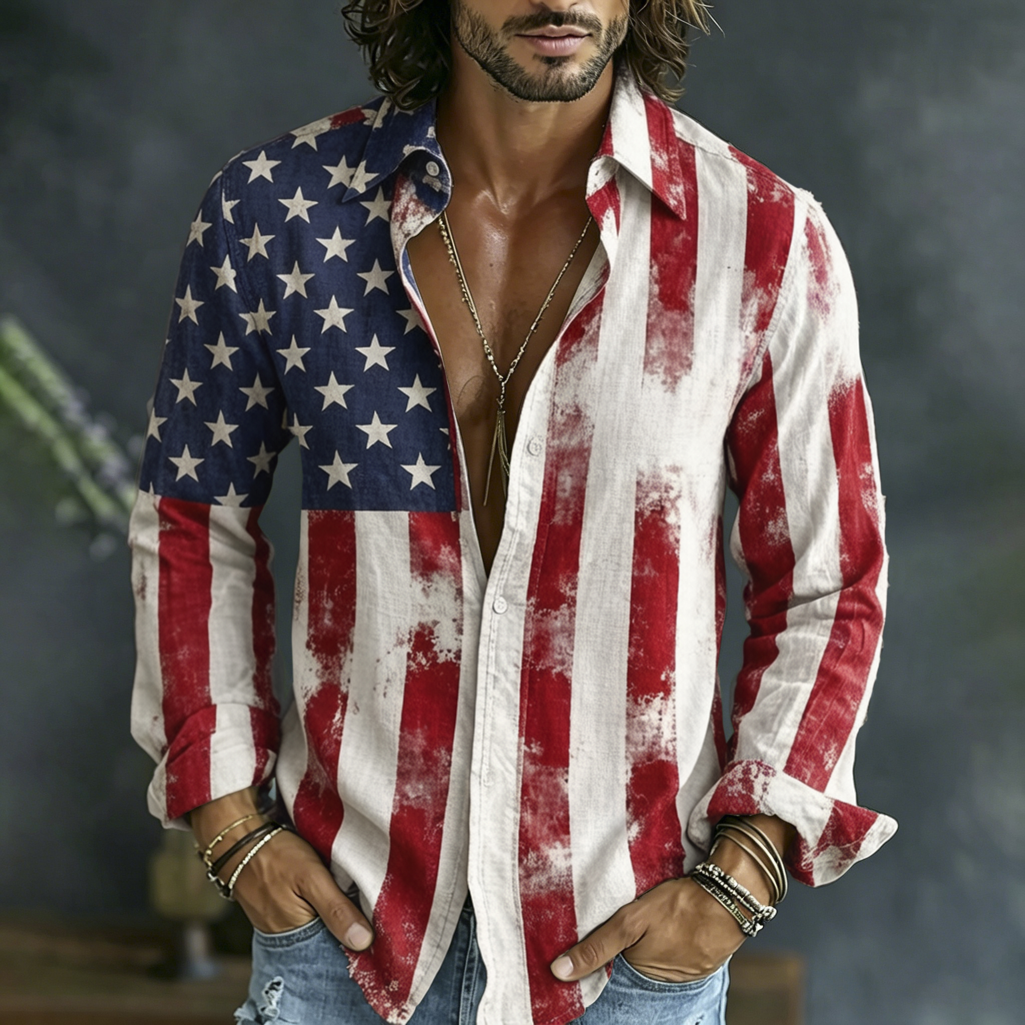  Men's Flag Art Print Flowy Linen Blend Shirt Westsshops