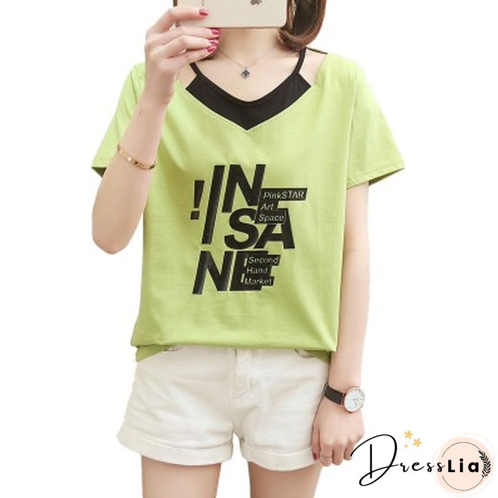Print V- Neck T Shirt Women T-Shirt Cotton Summer Short Sleeve Woman Clothes Womens Tops Korean Style Tee Shirt Femme