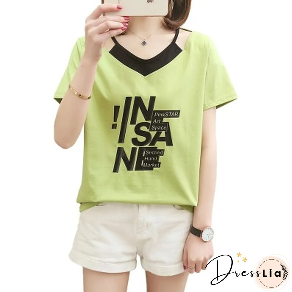 Print V- Neck T Shirt Women T-Shirt Cotton Summer Short Sleeve Woman Clothes Womens Tops Korean Style Tee Shirt Femme