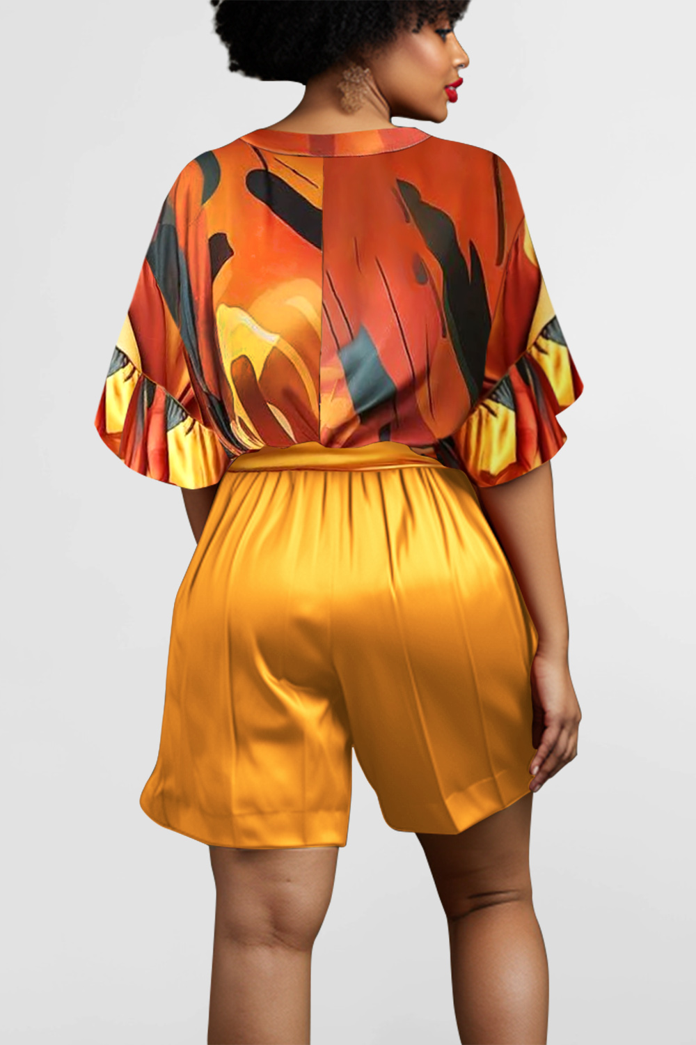 Design Plus Size Semi Formal Elegant Orange All Over Print Spring Summer Turndown Collar Half Sleeve Pocket Satin Two Piece Short Sets [Pre-Order]