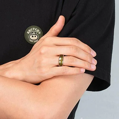 6MM 8MM Women Mens Gold Tungsten Matching Colorful Fragments Inlay Steel Green Wire Inlay Domed Style High Polished Rings