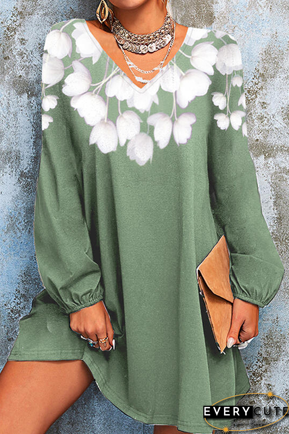 Casual Floral Split Joint  Contrast V Neck A Line Dresses