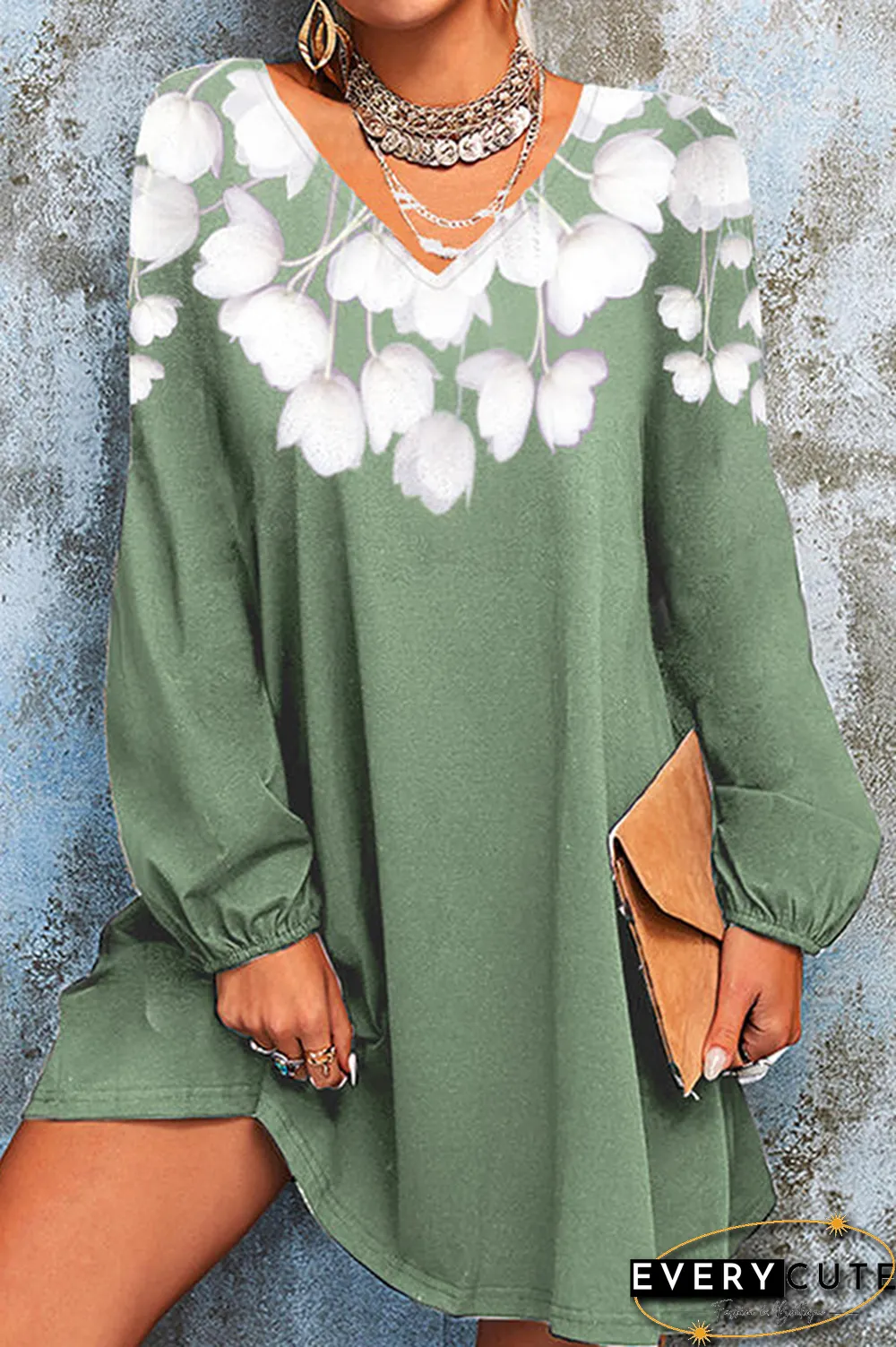 Casual Floral Split Joint  Contrast V Neck A Line Dresses