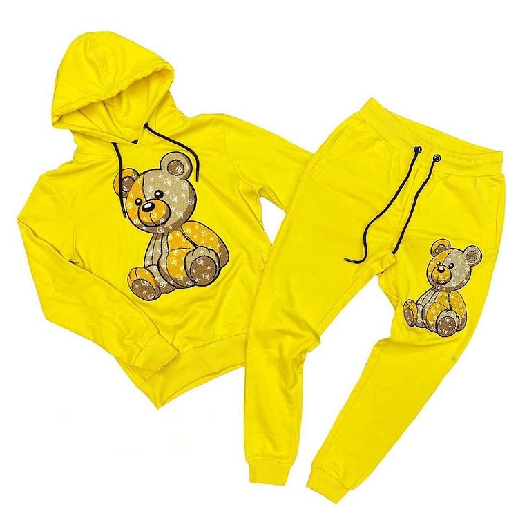 Yellow fashion bear print Hooded Sweater Set