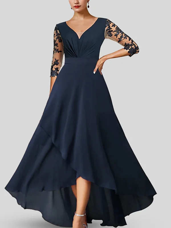 V-Neck Asymmetrical Chiffon Lace Maxi Dress