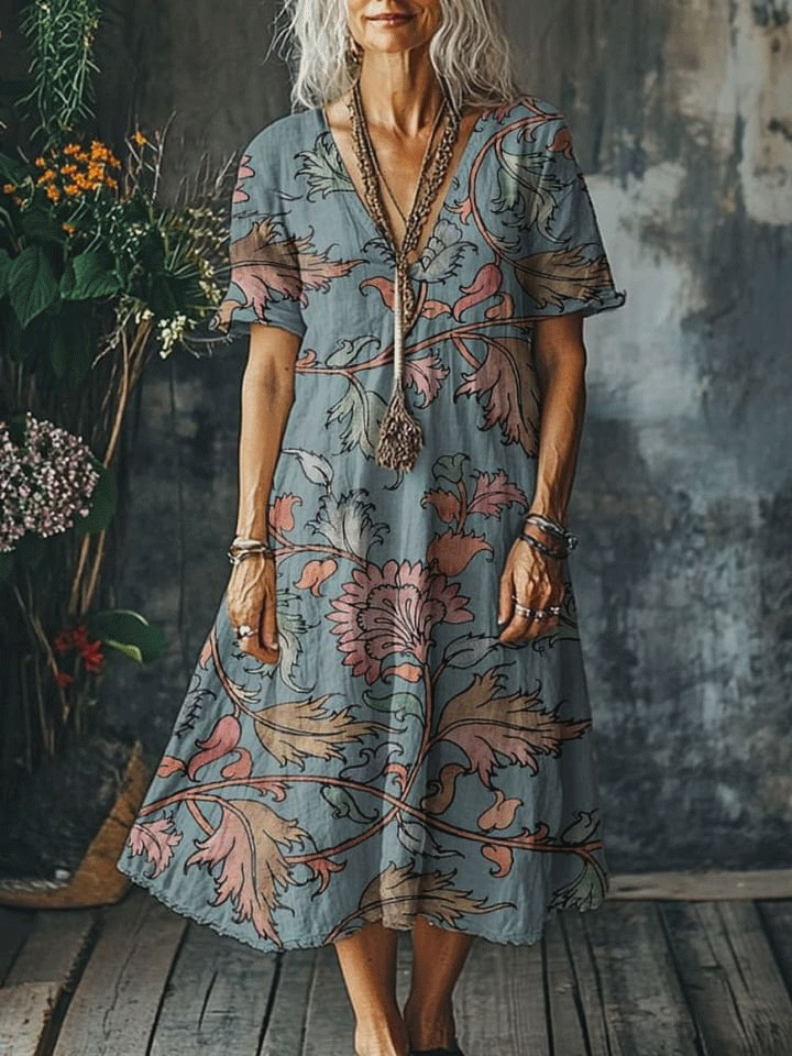 Women's Vintage Flower Art Print Pocket Cotton Dress