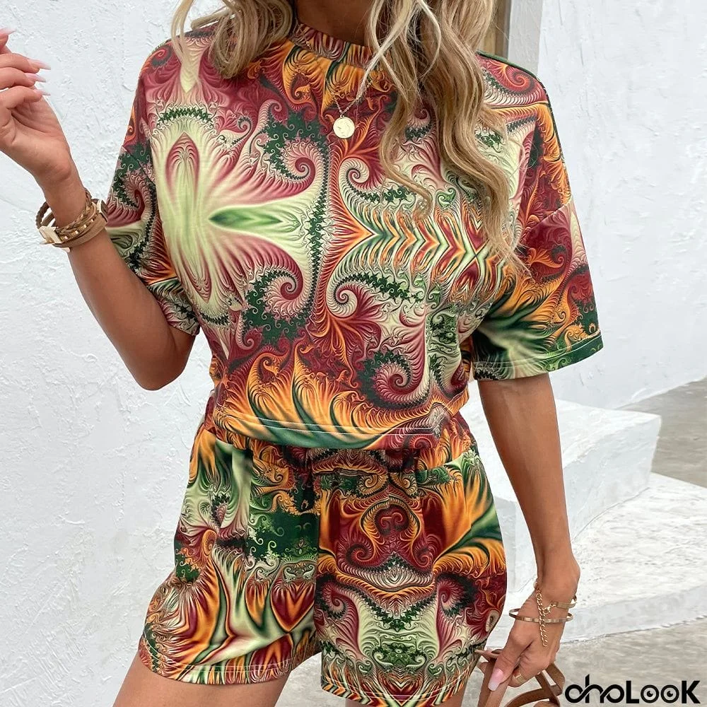 Printed Round Neck Dropped Shoulder Half Sleeve Top and Shorts Set