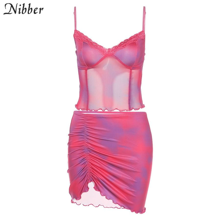 NIBBER Summer Sexy Mesh Two Pieces Set Women Slim Sleeveless V Neck Tank Top And High Waist Skirt Clothing Outfit Y2K Lady New